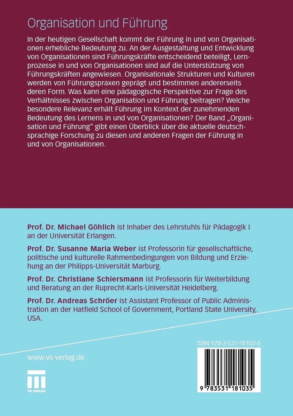 Rückseite: 9783531181035 | Organisation und Führung | Michael Göhlich (u. a.) | Taschenbuch