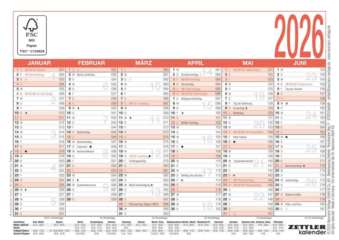 Cover: 4069095001435 | Zettler Arbeitstagekalender A6 2026 - Bürokalender kompakt 15 × 11...