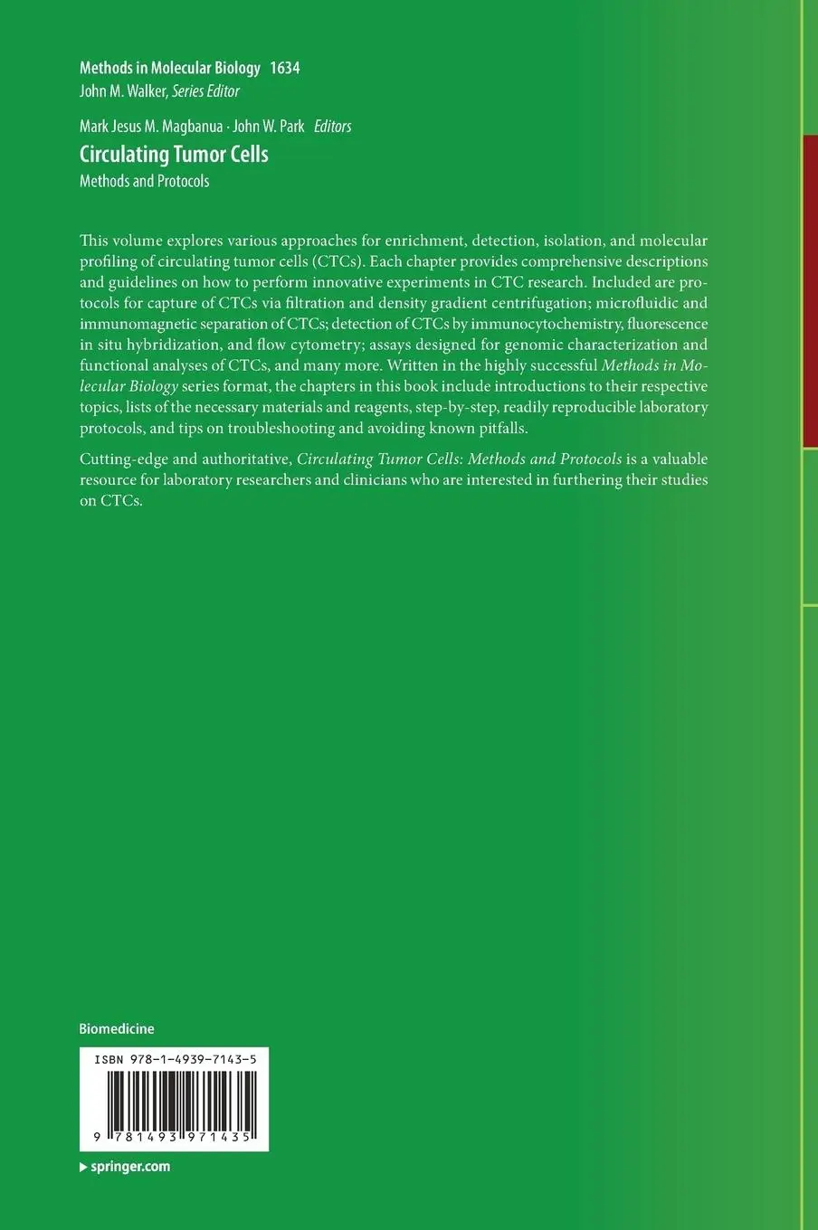 Rückseite: 9781493971435 | Circulating Tumor Cells | Methods and Protocols | John W. Park (u. a.)