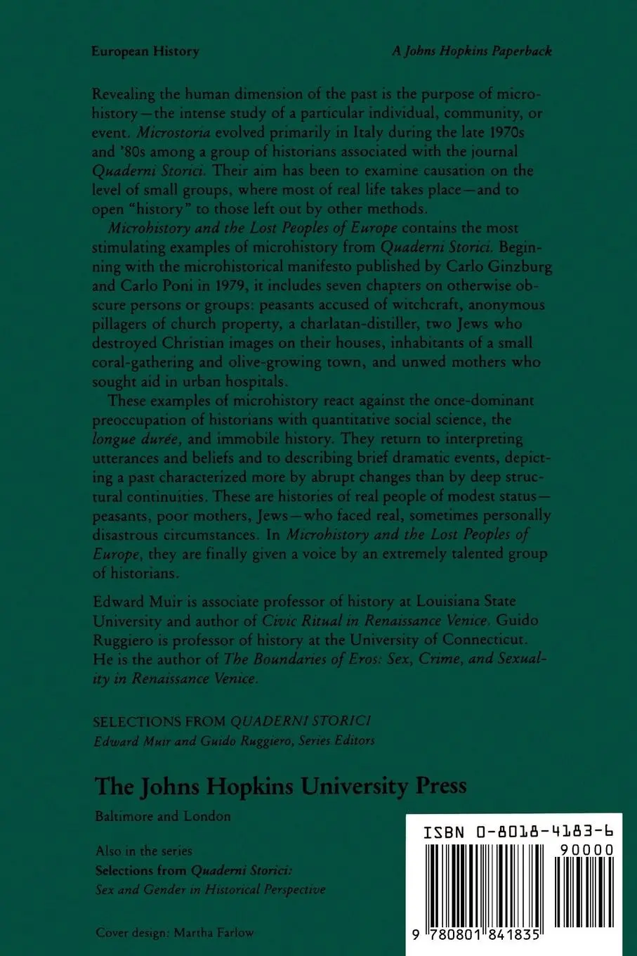 Rückseite: 9780801841835 | Microhistory and the Lost Peoples of Europe | Edward Muir (u. a.)