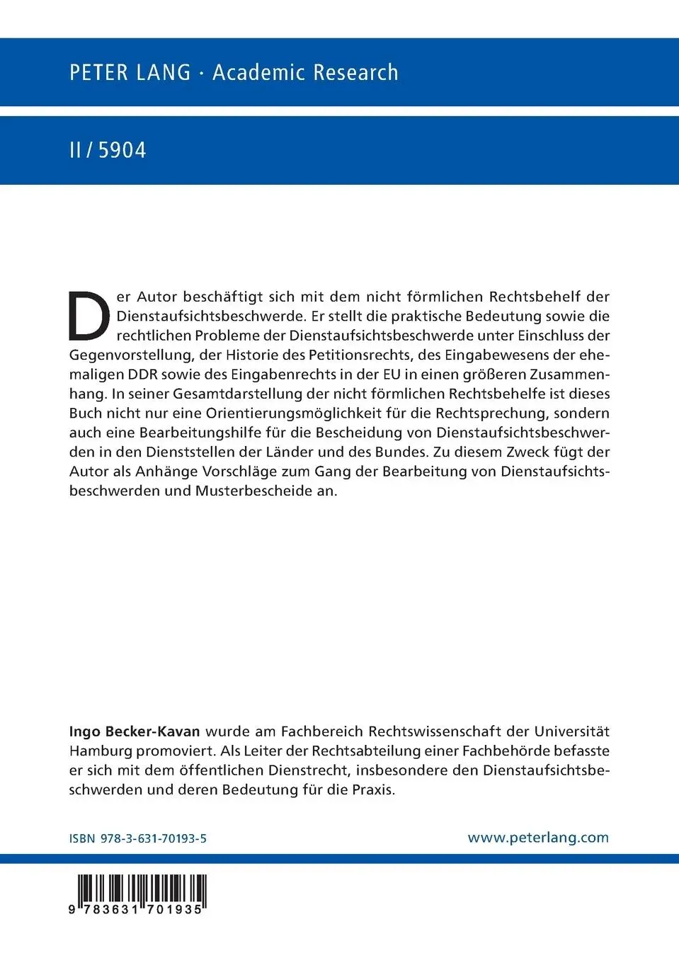 Rückseite: 9783631701935 | Rechtliche Fragen der Dienstaufsichtsbeschwerde | Ingo Becker-Kavan
