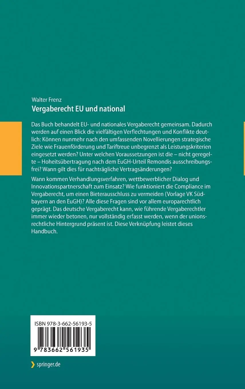 Rückseite: 9783662561935 | Vergaberecht EU und national | Walter Frenz | Buch | xlvi | Deutsch