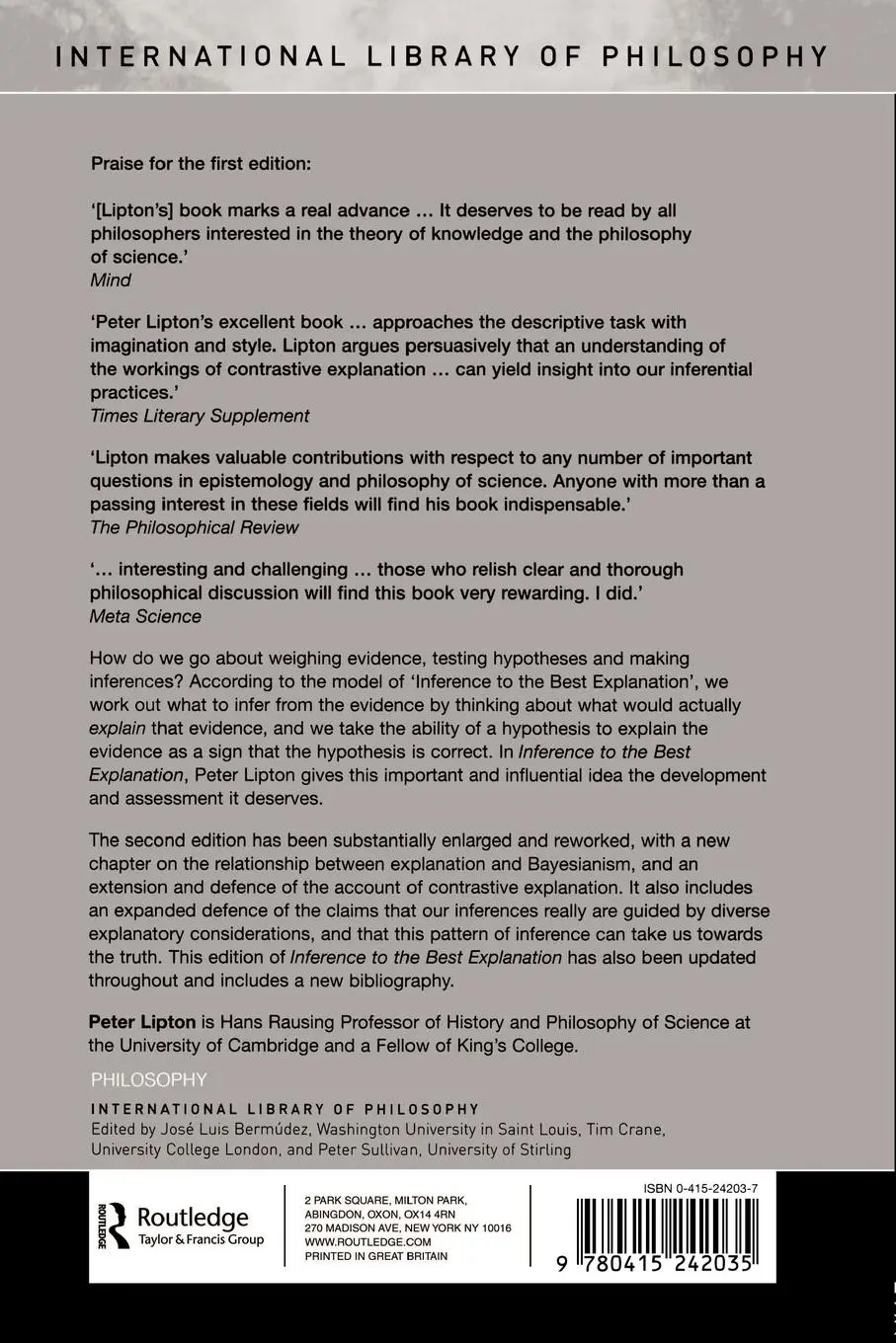 Rückseite: 9780415242035 | Inference to the Best Explanation | Peter Lipton | Taschenbuch | 2004
