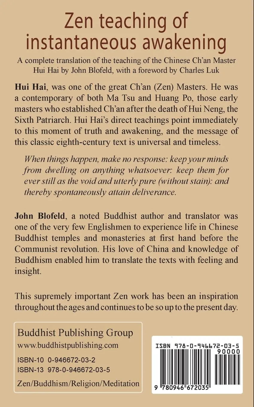 Rückseite: 9780946672035 | Zen Teaching of Instantaneous Awakening | Hui Hai (u. a.) | Buch