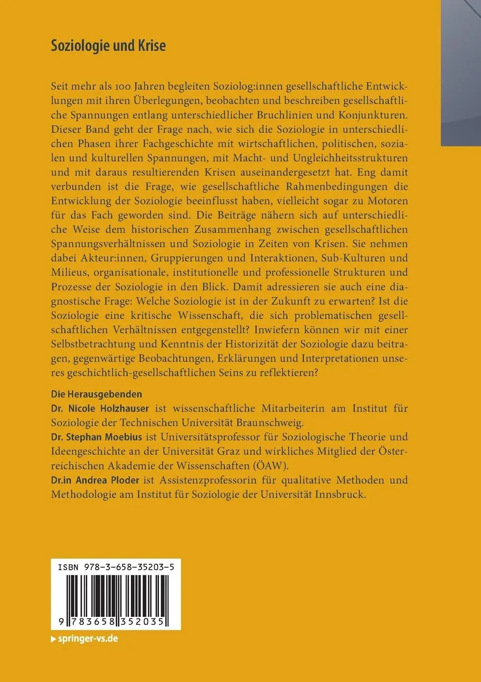 Rückseite: 9783658352035 | Soziologie und Krise | Nicole Holzhauser (u. a.) | Taschenbuch | vi