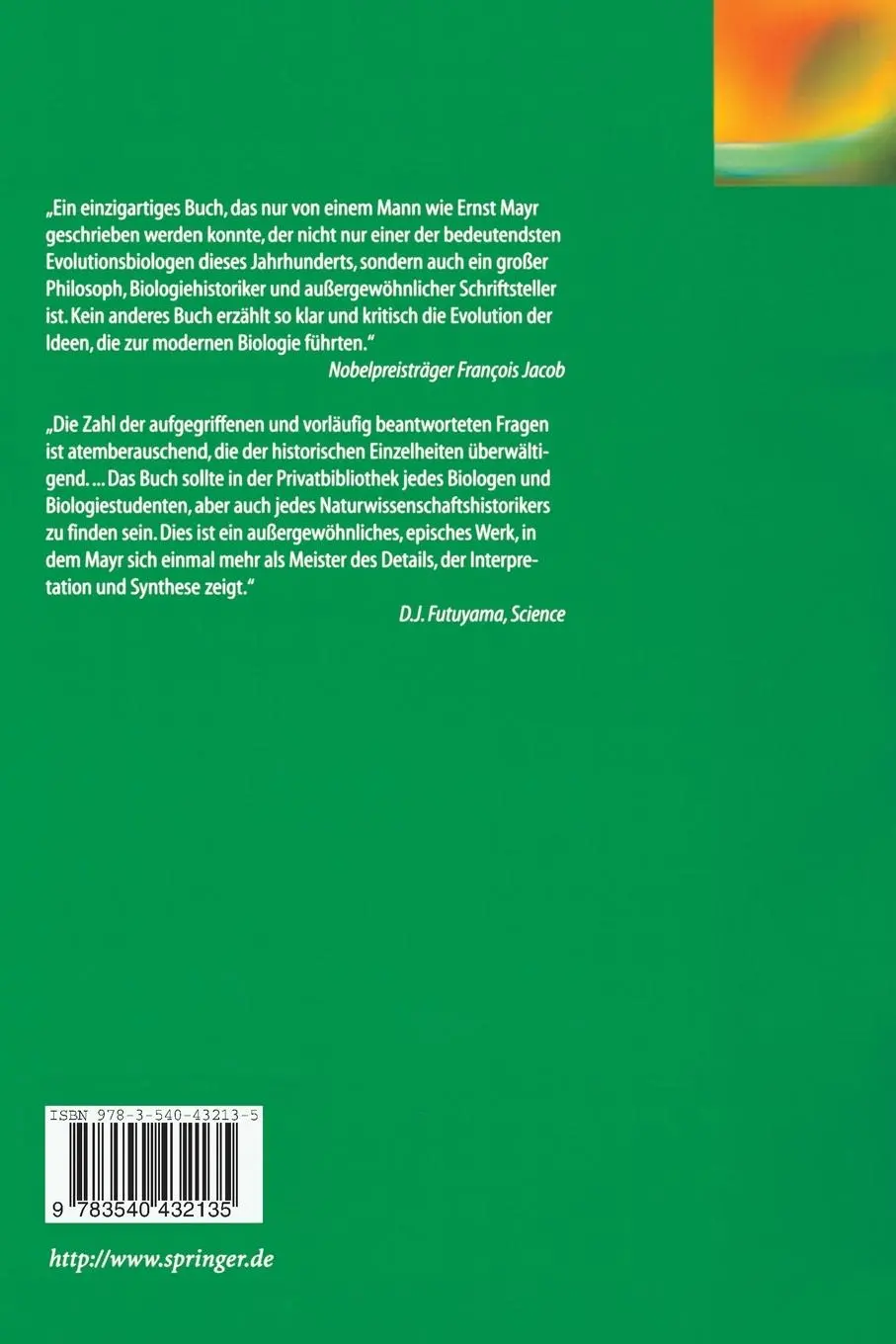 Rückseite: 9783540432135 | Die Entwicklung der biologischen Gedankenwelt | Ernst Mayr | Buch