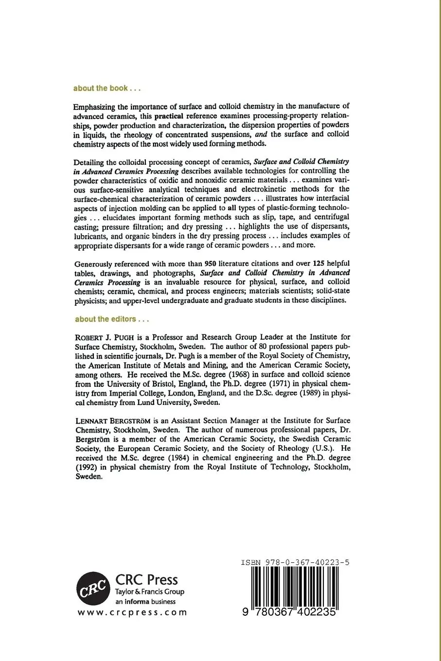 Rückseite: 9780367402235 | Surface and Colloid Chemistry in Advanced Ceramics Processing | Buch