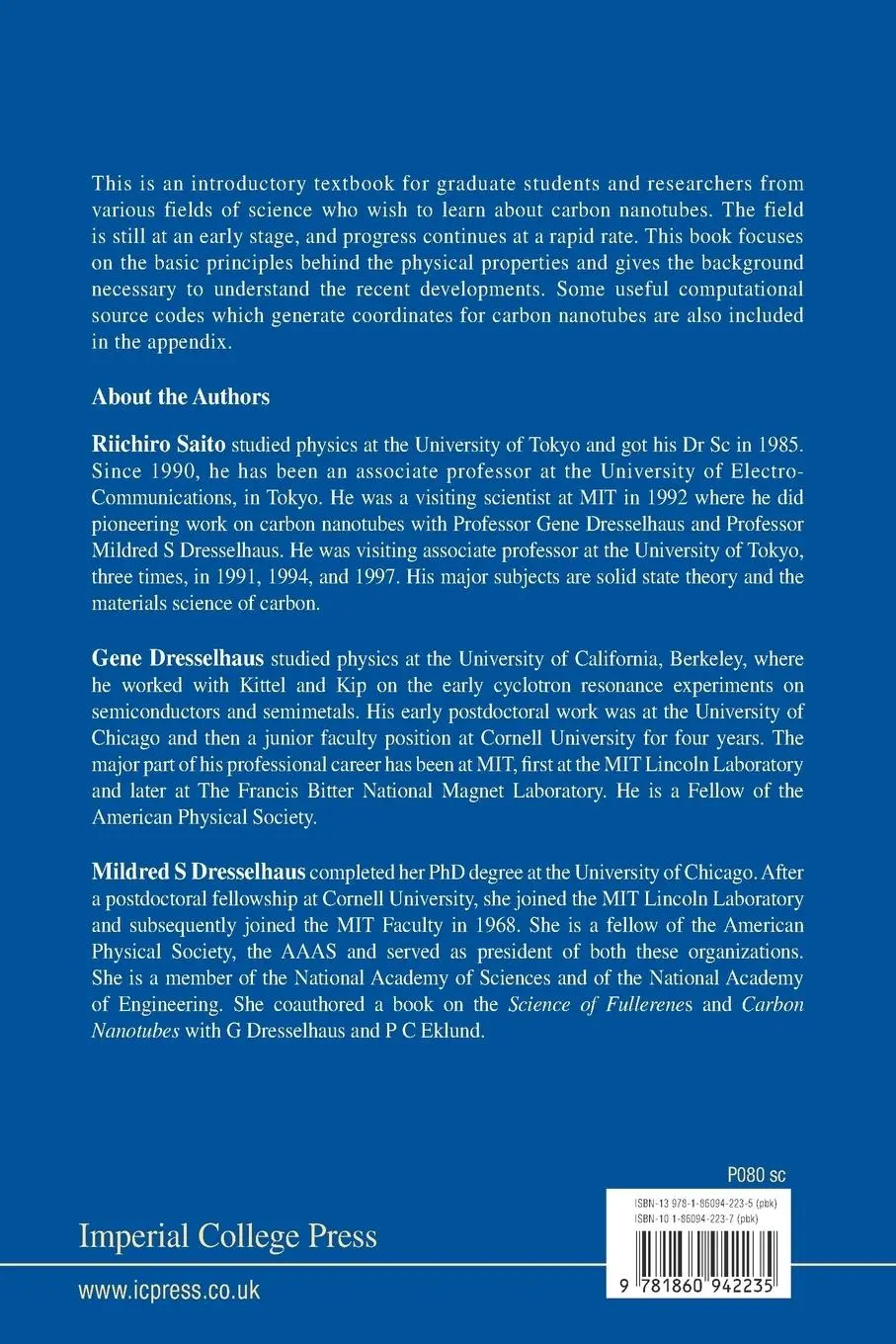 Rückseite: 9781860942235 | PHYSICAL PROPERTIES OF CARBON NANOTUBES | Saito R | Taschenbuch | 1998