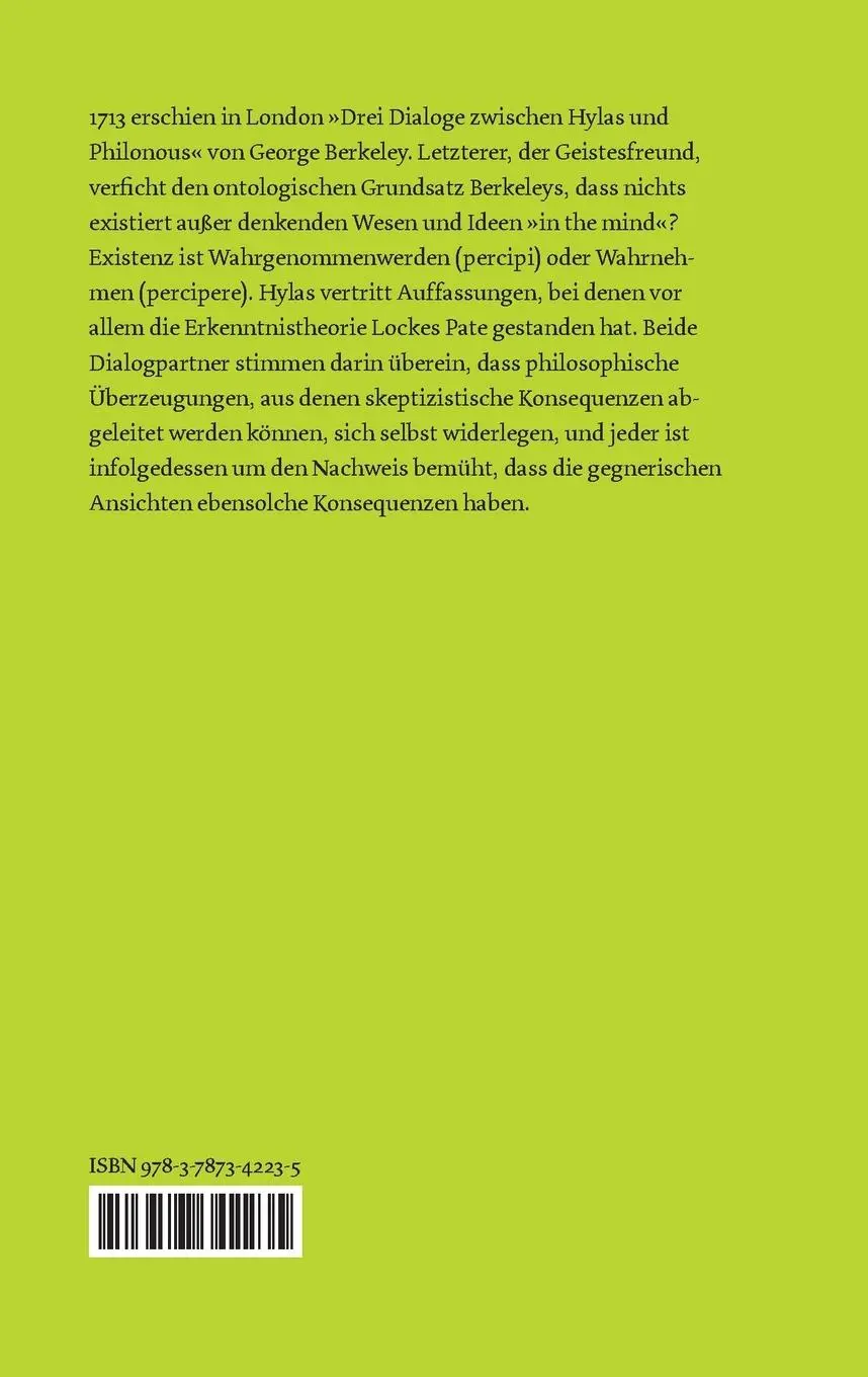 Rückseite: 9783787342235 | Drei Dialoge zwischen Hylas und Philonous | George Berkeley | Buch