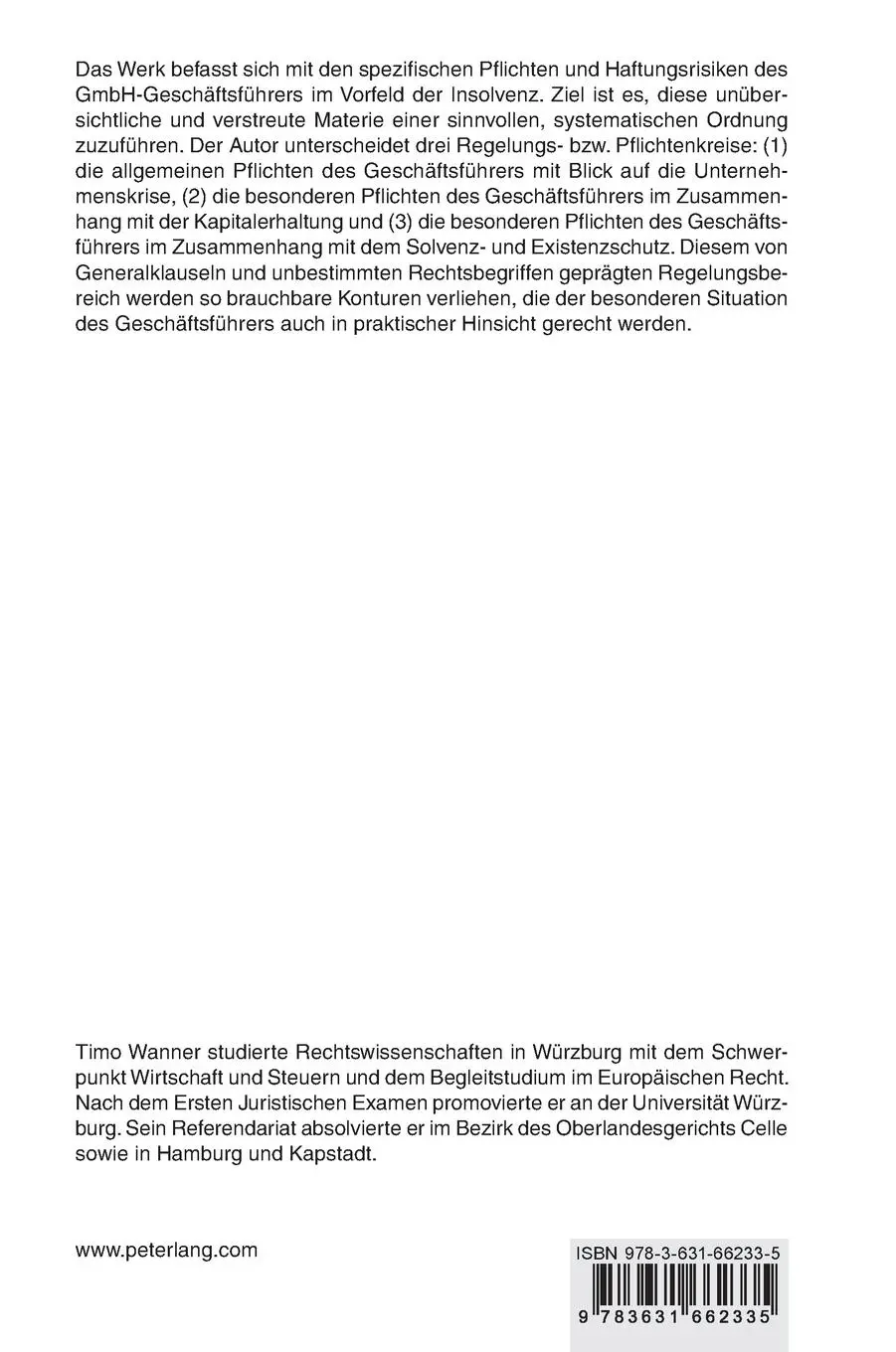 Rückseite: 9783631662335 | Die GmbH in der Krise | Timo Wanner | Buch | Gebunden | Deutsch | 2015