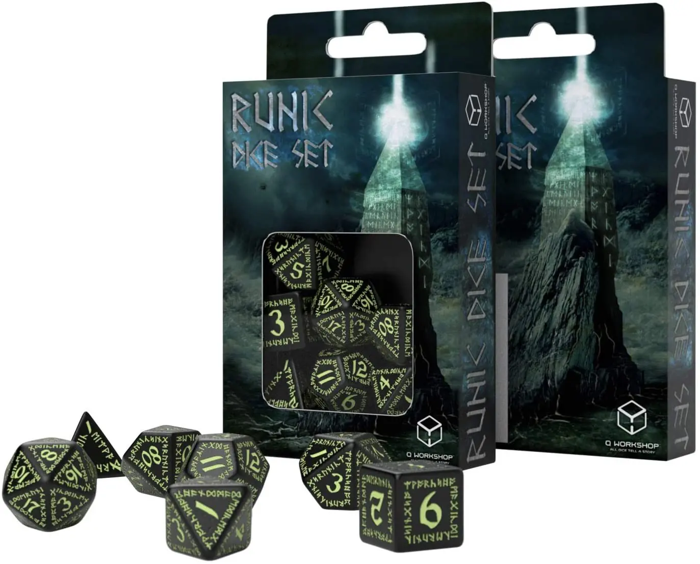 Cover: 5907699492435 | Runic Black &amp; glow-in-the-dark Dice Set | Runic Dice | QWORUN19 | 2021