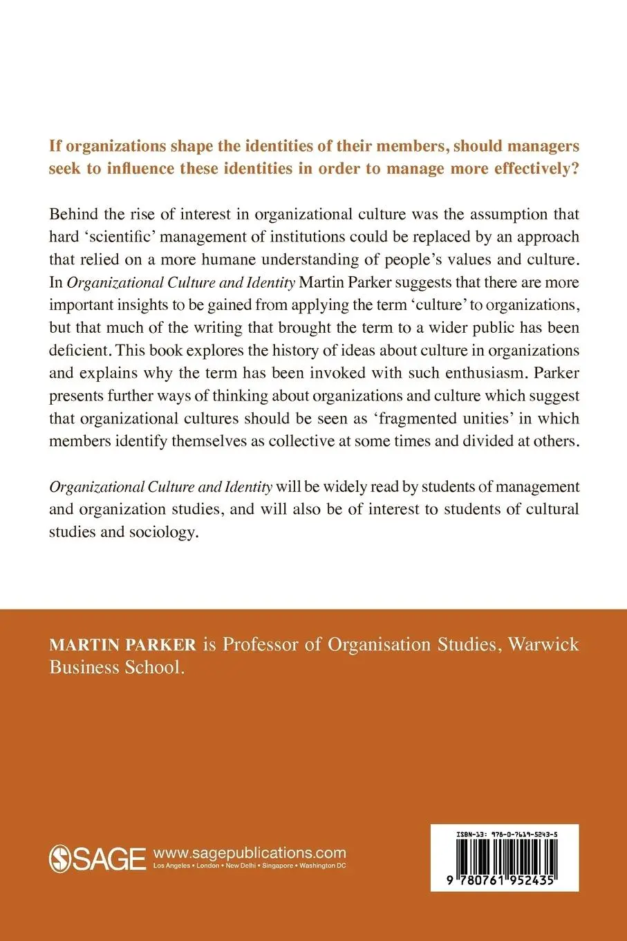 Rückseite: 9780761952435 | Organizational Culture and Identity | Unity and Division at Work