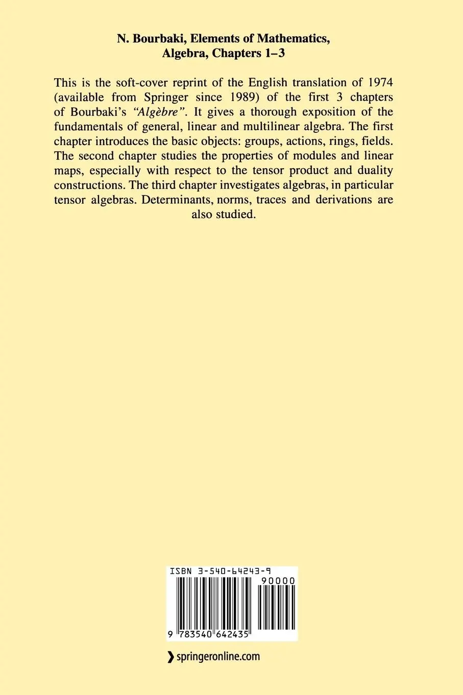 Rückseite: 9783540642435 | Algebra I | Chapters 1-3 | N. Bourbaki | Taschenbuch | xxiii | 1998