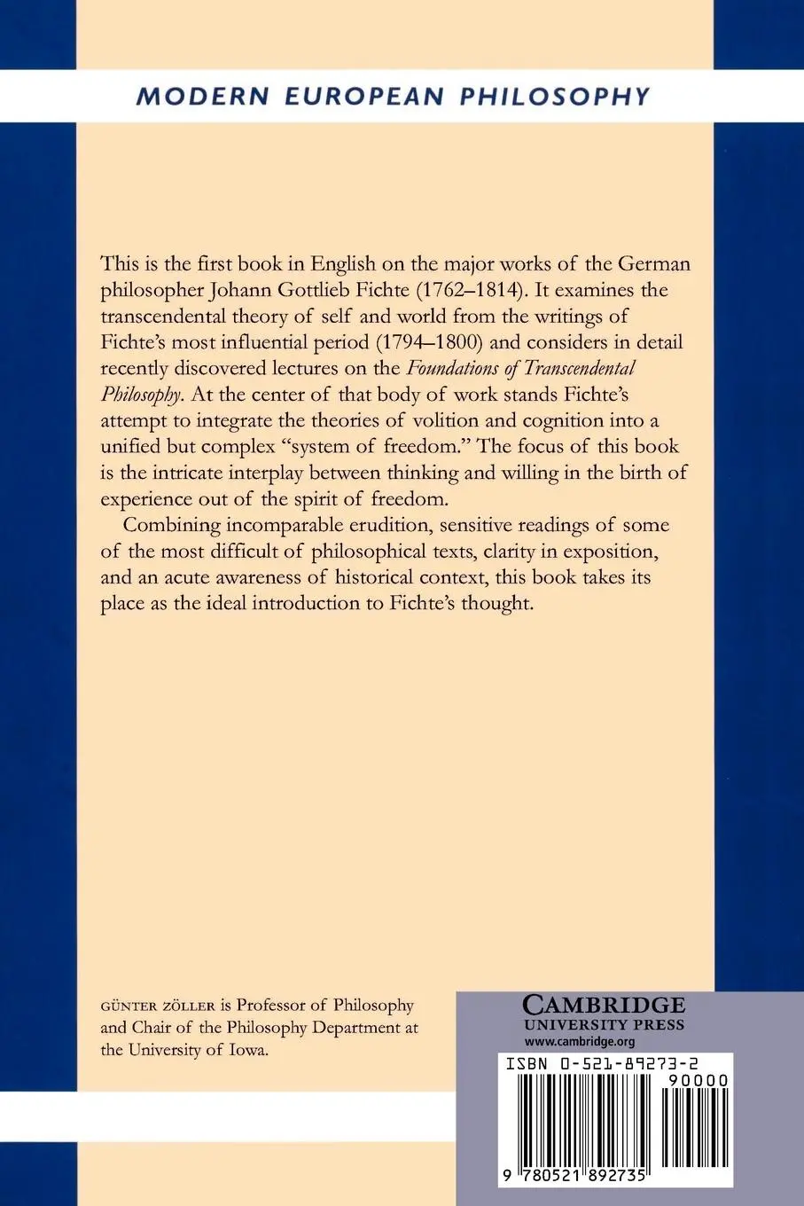 Rückseite: 9780521892735 | Fichte's Transcendental Philosophy | G]nter Zvller (u. a.) | Buch