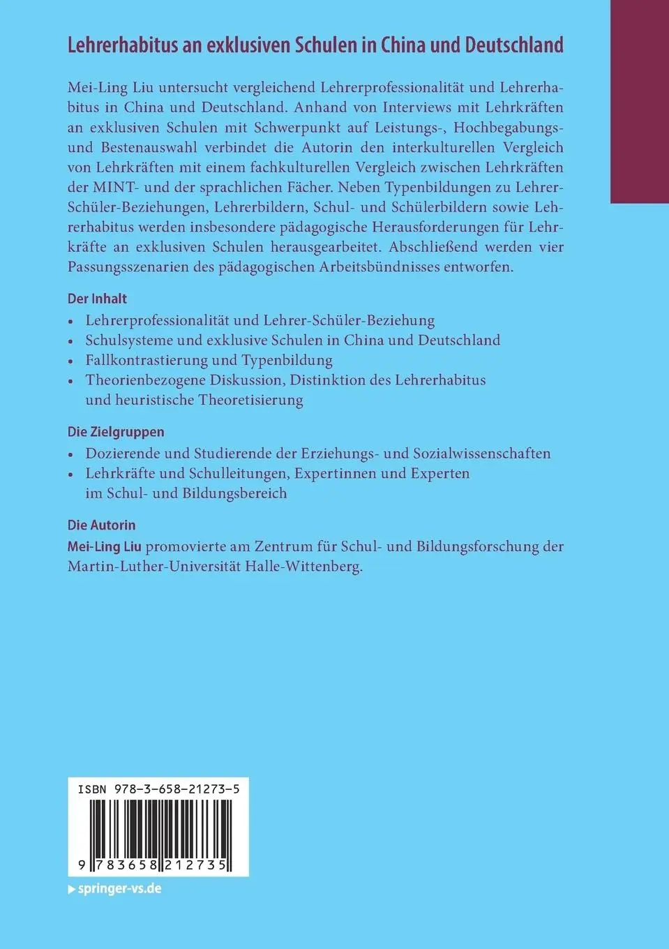 Rückseite: 9783658212735 | Lehrerhabitus an exklusiven Schulen in China und Deutschland | Liu
