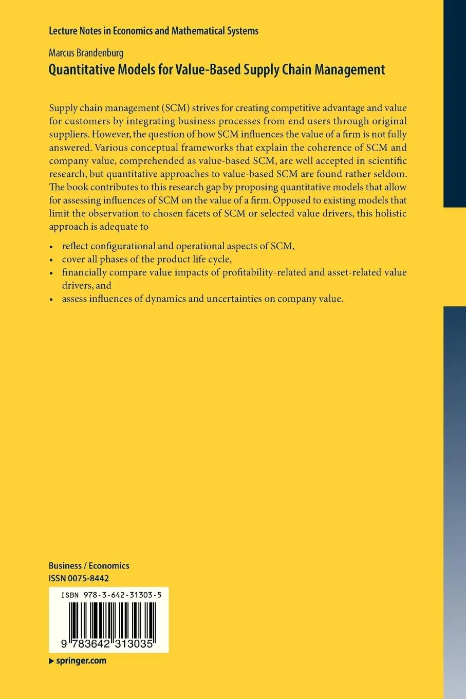 Rückseite: 9783642313035 | Quantitative Models for Value-Based Supply Chain Management | Buch