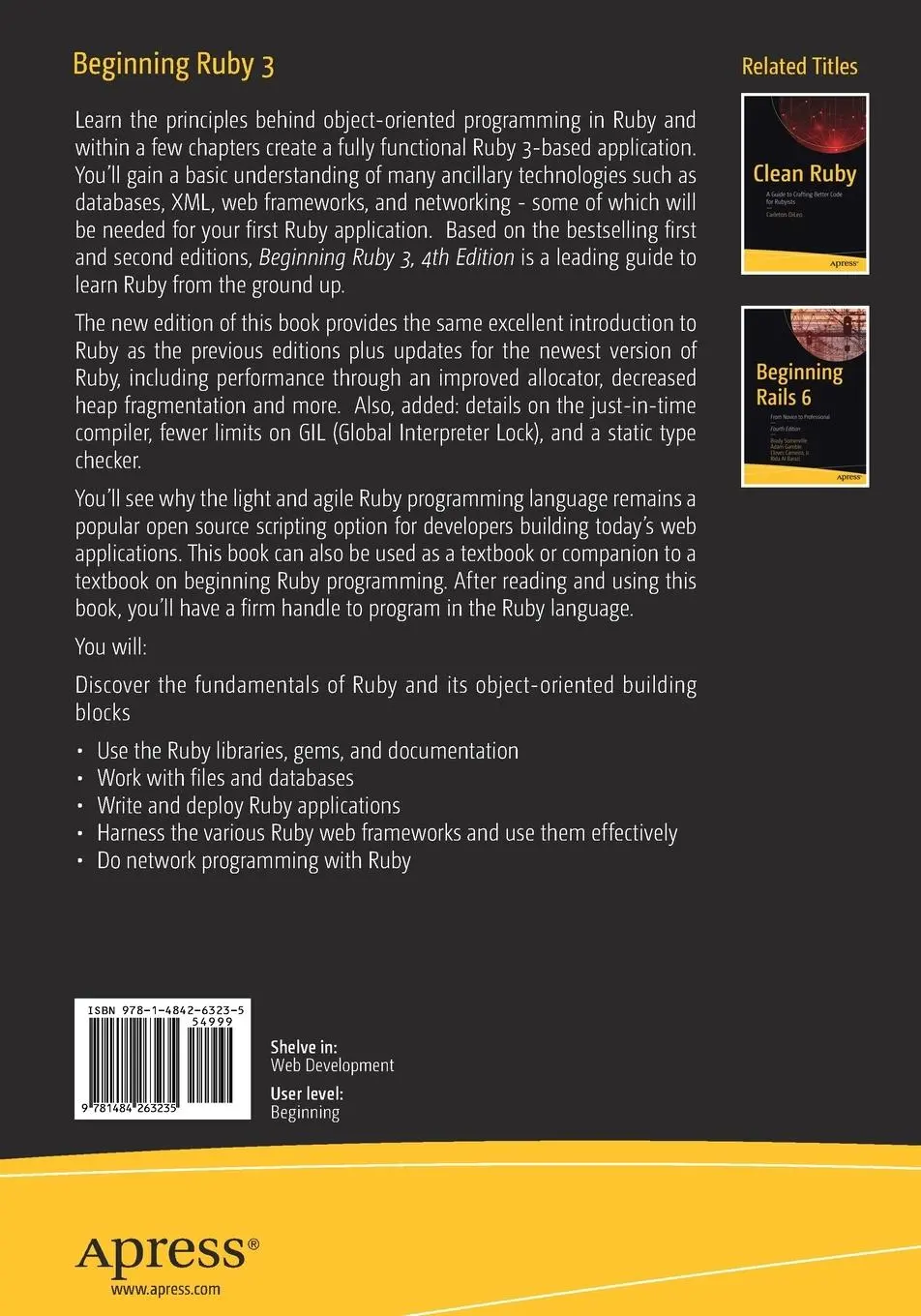 Rückseite: 9781484263235 | Beginning Ruby 3 | From Beginner to Pro | Carleton DiLeo (u. a.) | xxx