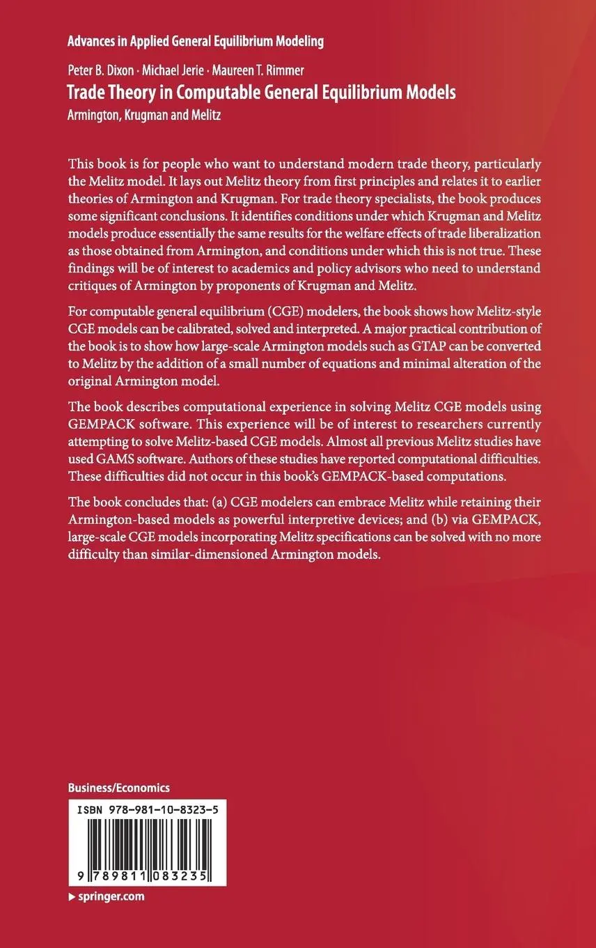 Rückseite: 9789811083235 | Trade Theory in Computable General Equilibrium Models | Dixon (u. a.)