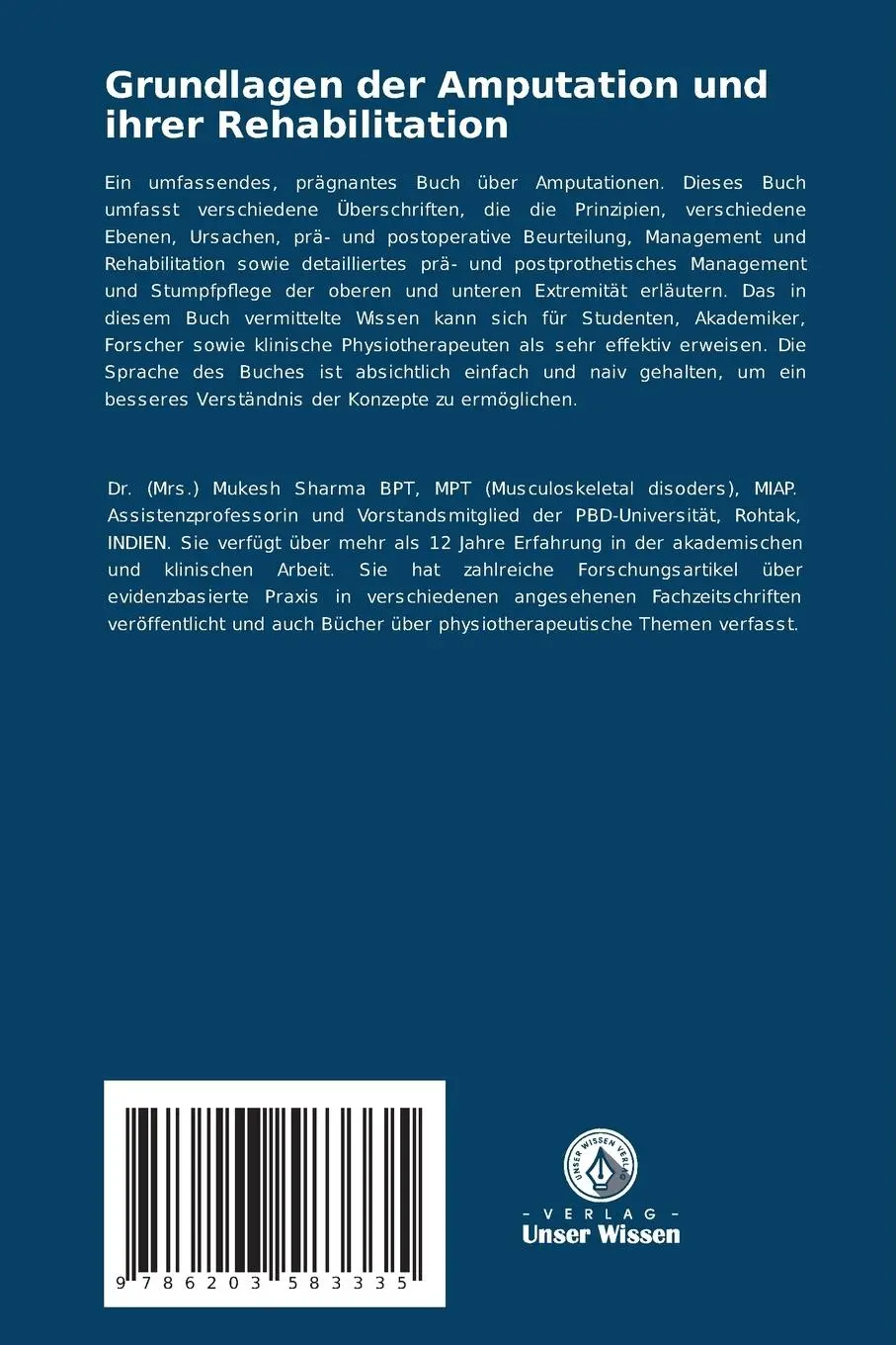 Rückseite: 9786203583335 | Grundlagen der Amputation und ihrer Rehabilitation | Mukesh Sharma