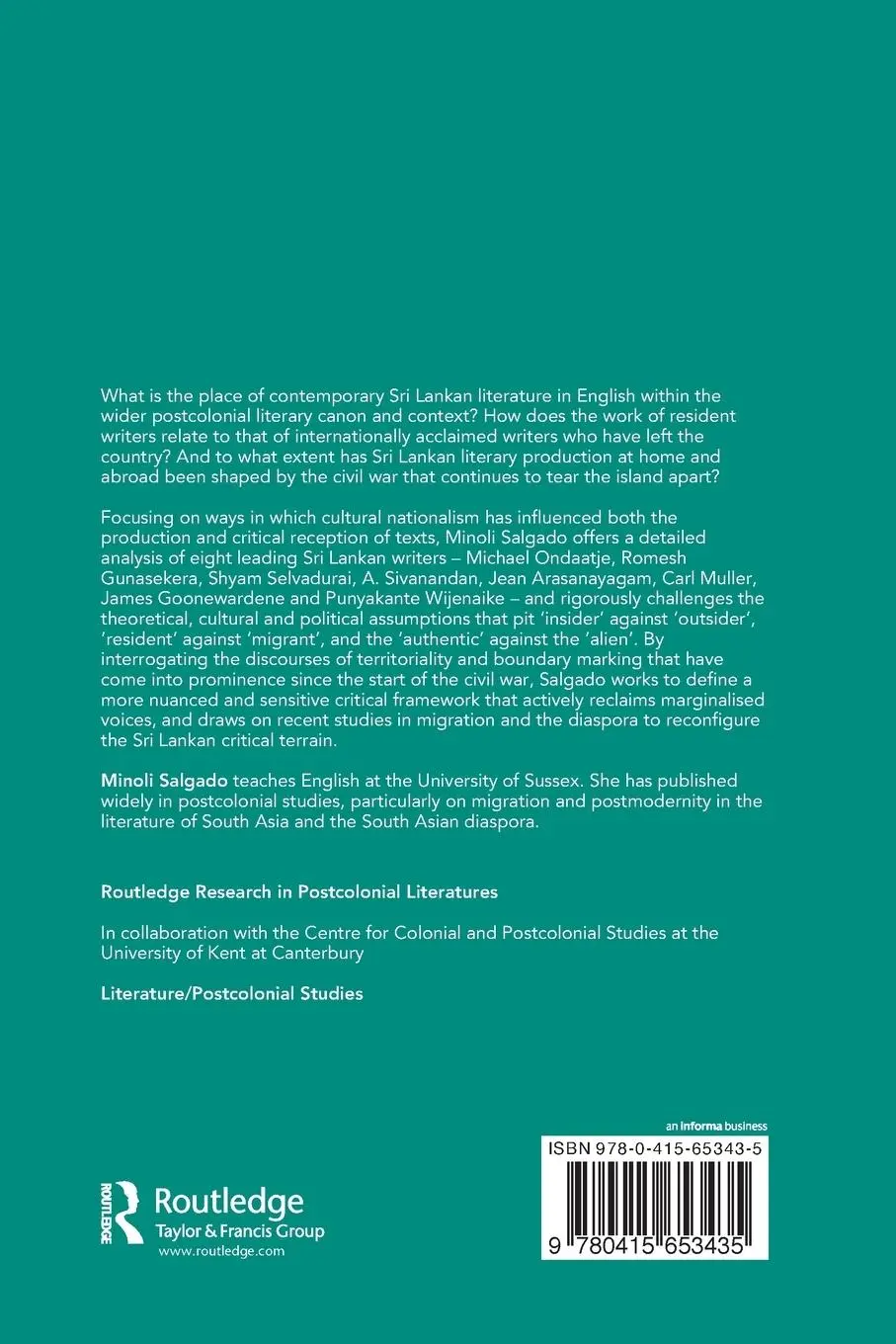 Rückseite: 9780415653435 | Writing Sri Lanka | Literature, Resistance &amp; the Politics of Place