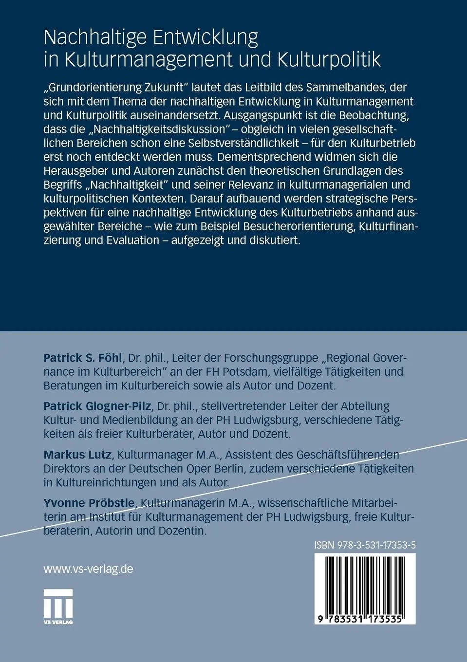 Rückseite: 9783531173535 | Nachhaltige Entwicklung in Kulturmanagement und Kulturpolitik | Buch