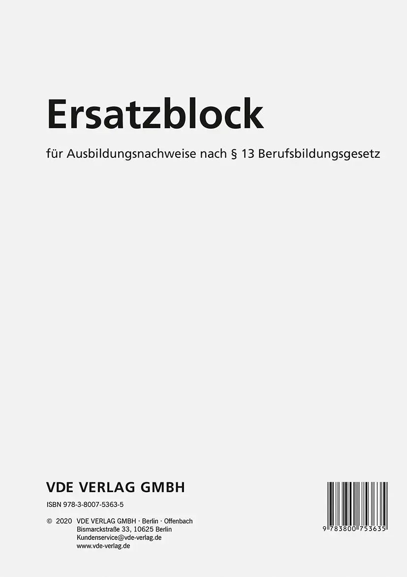 Bild: 9783800753635 | Ersatzblock | für Ausbildungsnachweise nach § 13 Berufsbildungsgesetz
