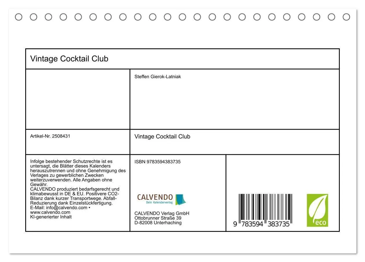 Bild: 9783594383735 | Vintage Cocktail Club (Tischkalender 2027 DIN A5 quer), CALVENDO...