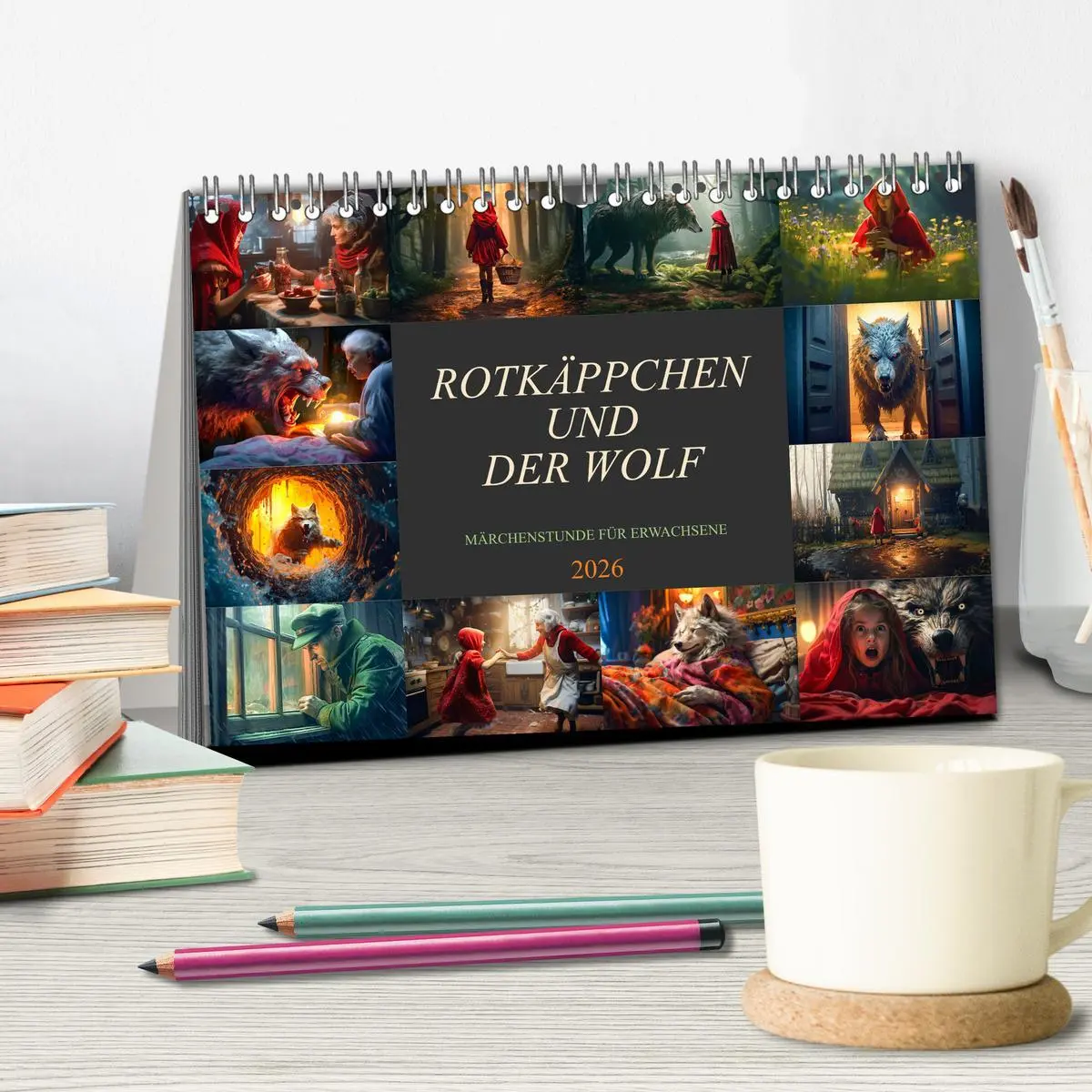 Bild: 9783457513835 | Rotkäppchen und der Wolf (Tischkalender 2026 DIN A5 quer), CALVENDO...