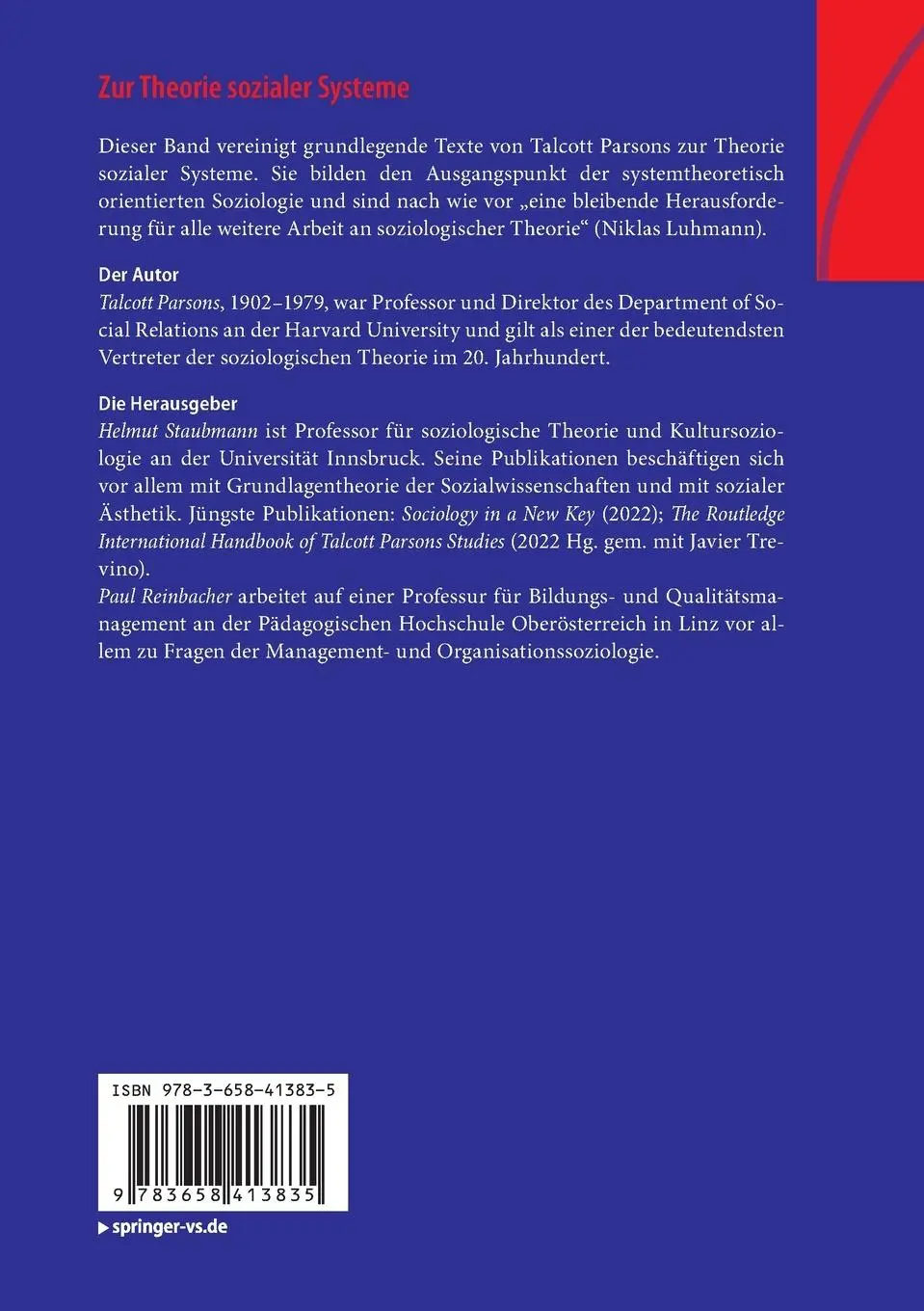 Rückseite: 9783658413835 | Zur Theorie sozialer Systeme | Talcott Parsons | Taschenbuch | xxv