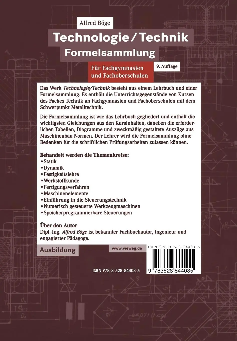 Rückseite: 9783528844035 | Technologie/Technik Formelsammlung | Alfred Böge | Taschenbuch | VI