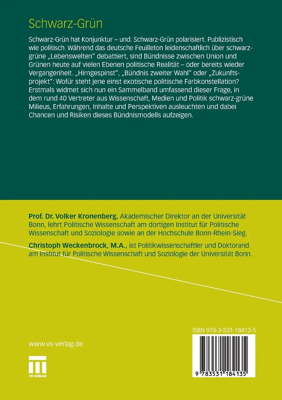 Rückseite: 9783531184135 | Schwarz-Grün | Die Debatte | Christoph Weckenbrock (u. a.) | Buch