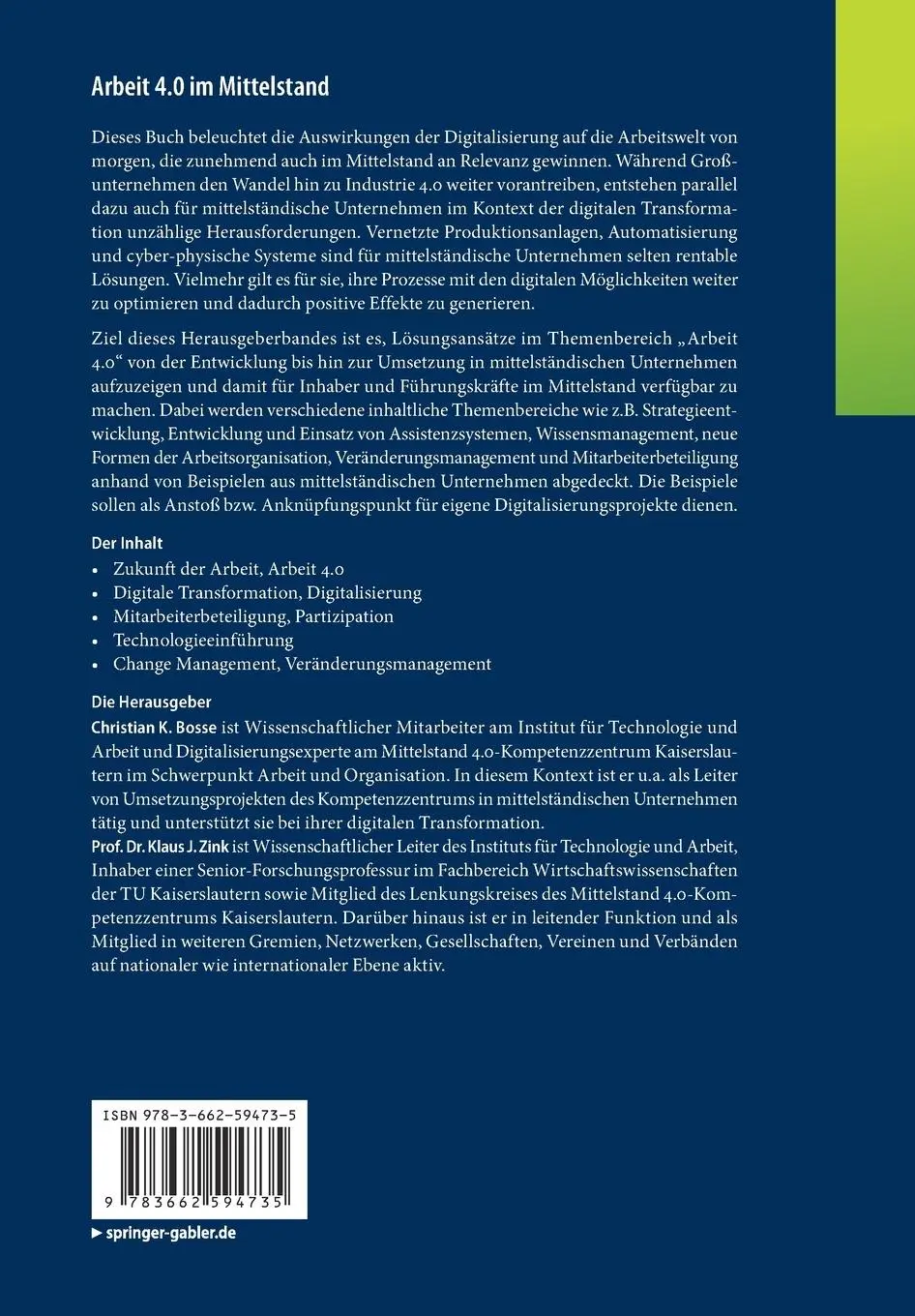Rückseite: 9783662594735 | Arbeit 4.0 im Mittelstand | Klaus J. Zink (u. a.) | Taschenbuch | xiv
