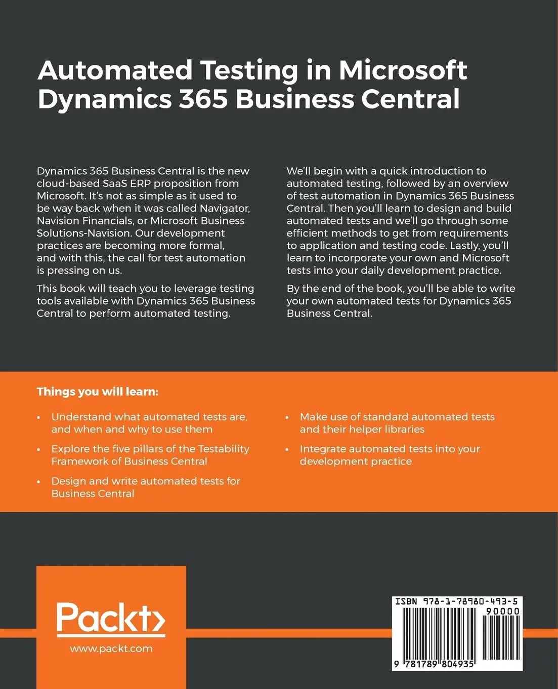 Rückseite: 9781789804935 | Automated Testing in Microsoft Dynamics 365 Business Central | Vugt