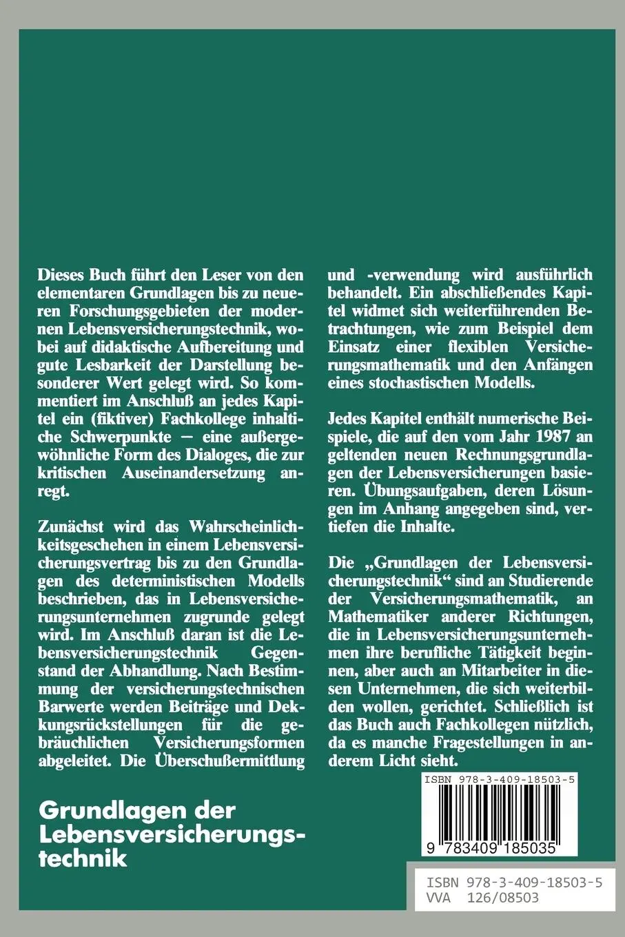 Rückseite: 9783409185035 | Grundlagen der Lebensversicherungstechnik | Georg Reichel | Buch