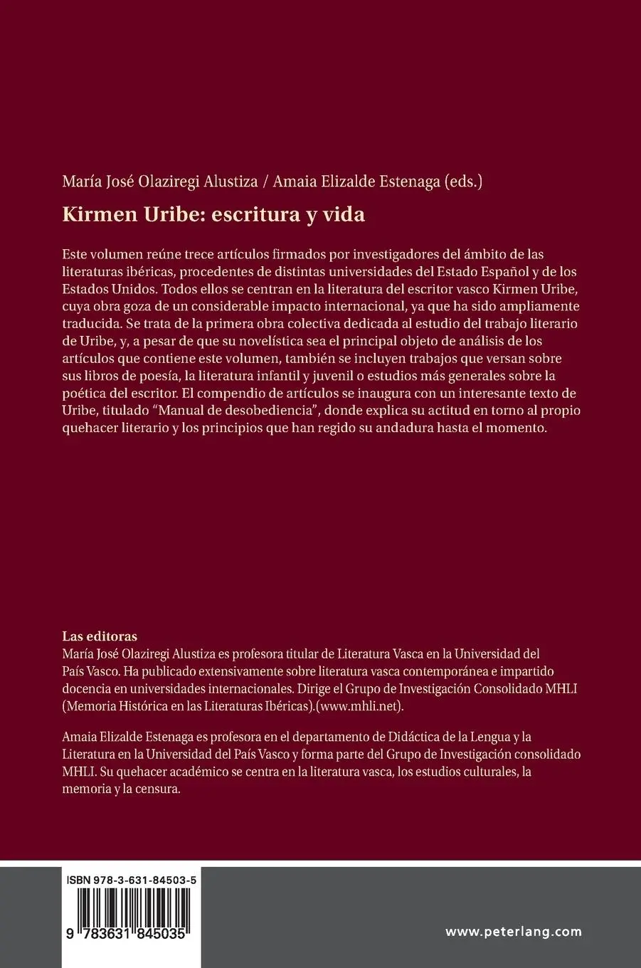 Rückseite: 9783631845035 | Kirmen Uribe: escritura y vida | Amaia Elizalde Estenaga (u. a.)