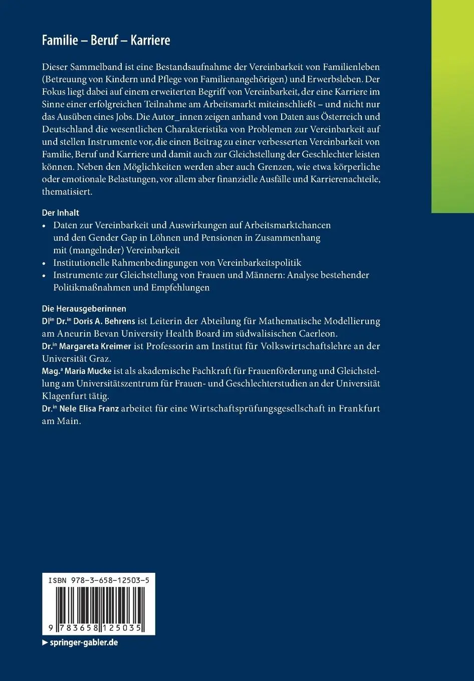 Rückseite: 9783658125035 | Familie - Beruf - Karriere | Doris A. Behrens (u. a.) | Taschenbuch