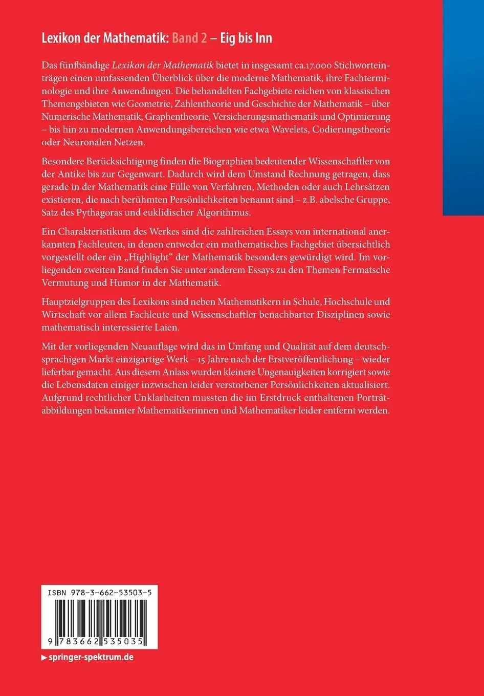 Rückseite: 9783662535035 | Lexikon der Mathematik: Band 2 | Eig bis Inn | Guido Walz | Buch | vii