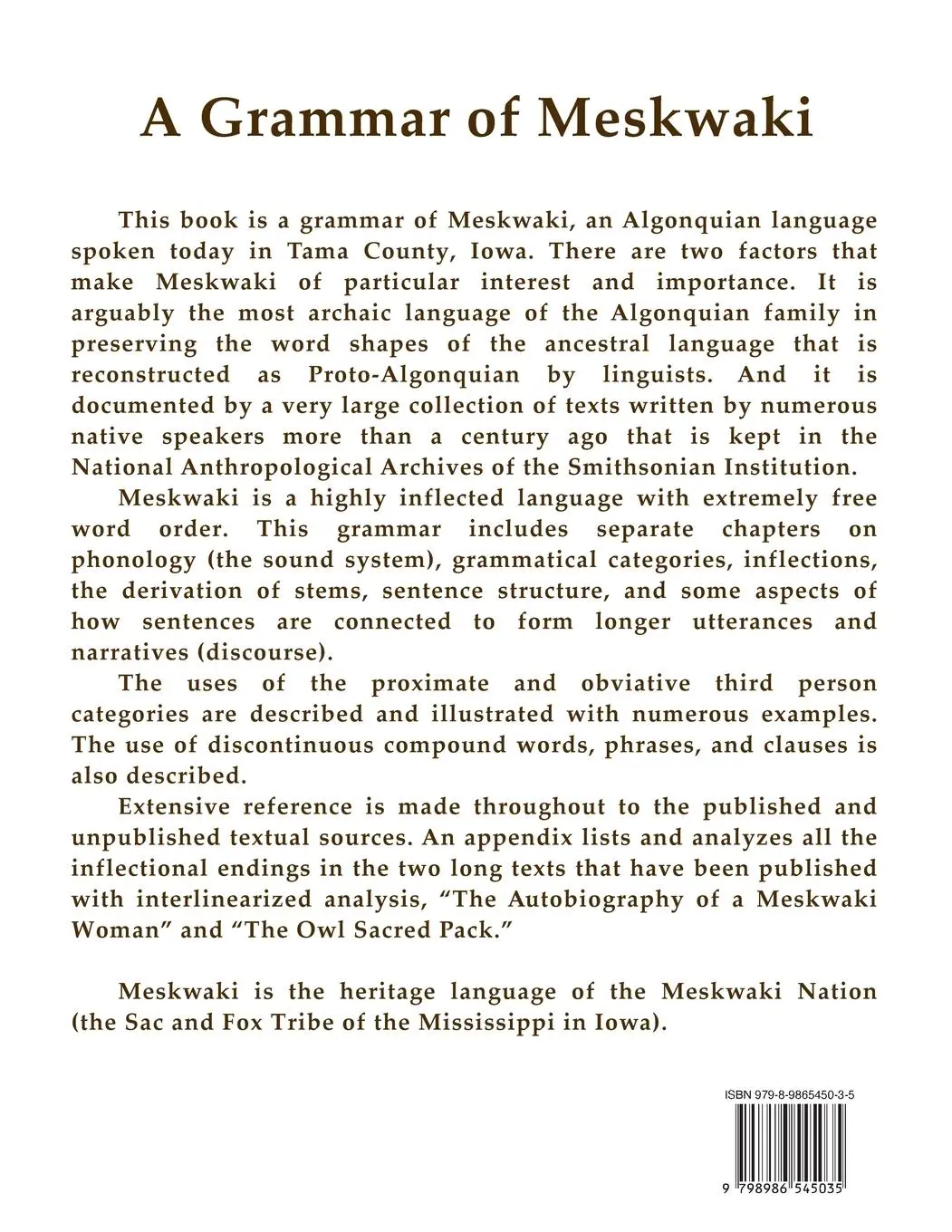 Rückseite: 9798986545035 | A Grammar of Meskwaki | Ives Goddard | Taschenbuch | Englisch | 2023