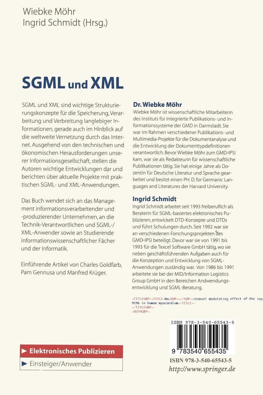 Rückseite: 9783540655435 | SGML und XML | Anwendungen und Perspektiven | Ingrid Schmidt (u. a.)
