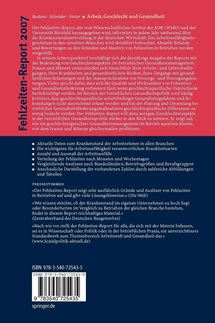 Rückseite: 9783540725435 | Fehlzeiten-Report 2007 | Arbeit, Geschlecht und Gesundheit | Buch