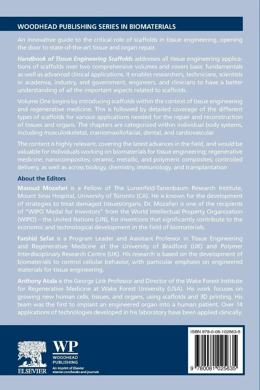 Rückseite: 9780081025635 | Handbook of Tissue Engineering Scaffolds | Volume One | Taschenbuch