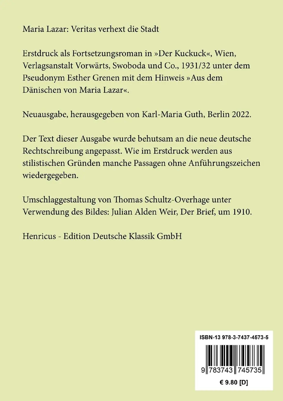 Rückseite: 9783743745735 | Veritas verhext die Stadt | Maria Lazar | Taschenbuch | Paperback
