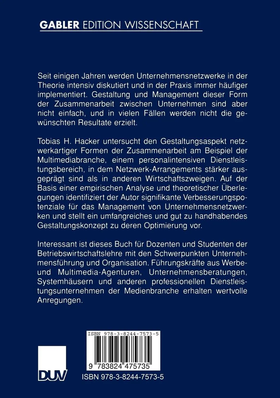 Rückseite: 9783824475735 | Unternehmensnetzwerke in der Multimediabranche | Tobias H. Hacker
