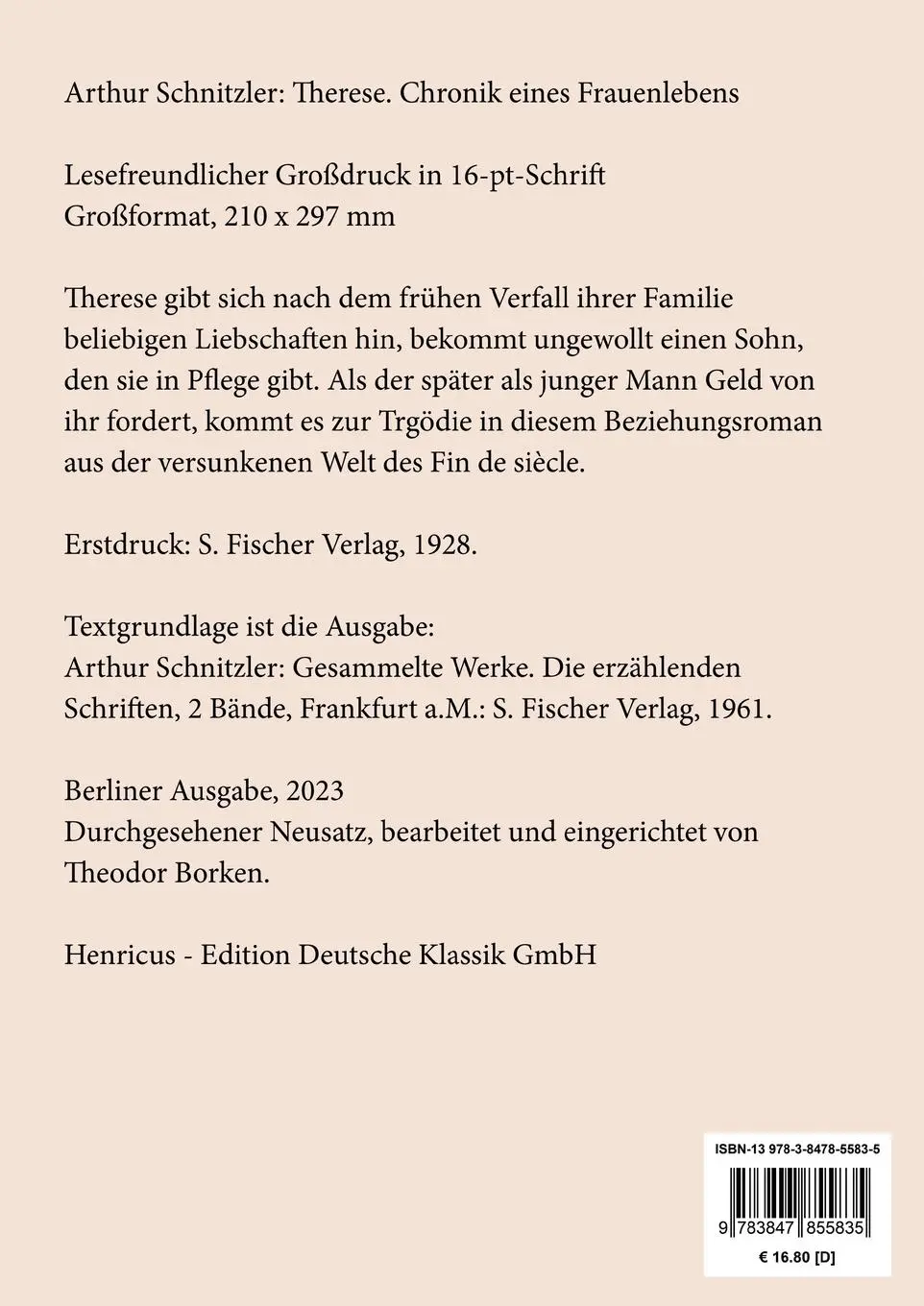 Rückseite: 9783847855835 | Therese (Großdruck) | Chronik eines Frauenlebens | Arthur Schnitzler
