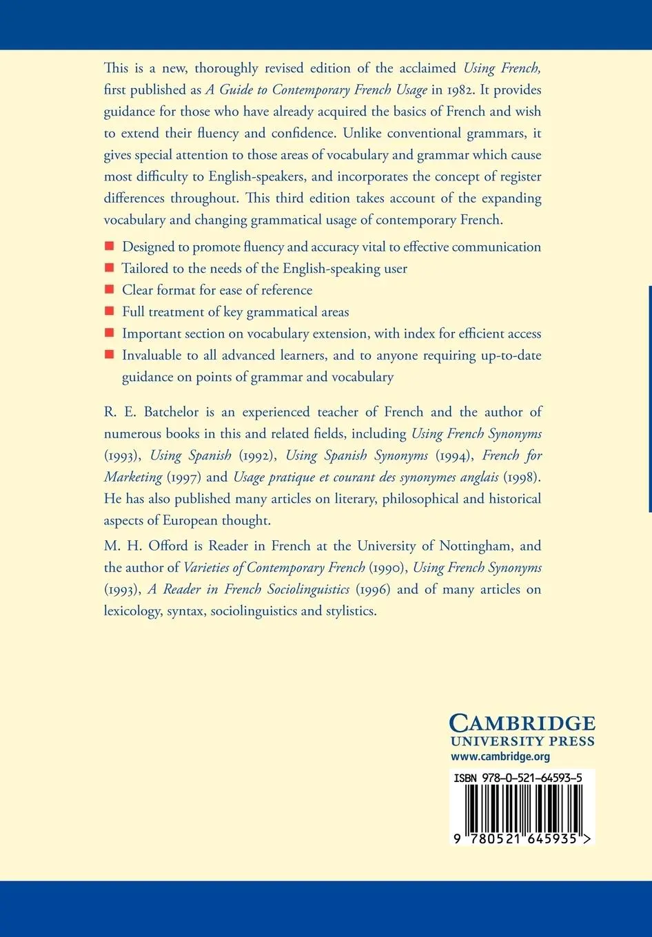 Rückseite: 9780521645935 | Using French | A Guide to Contemporary Usage | R. E. Batchelor (u. a.)