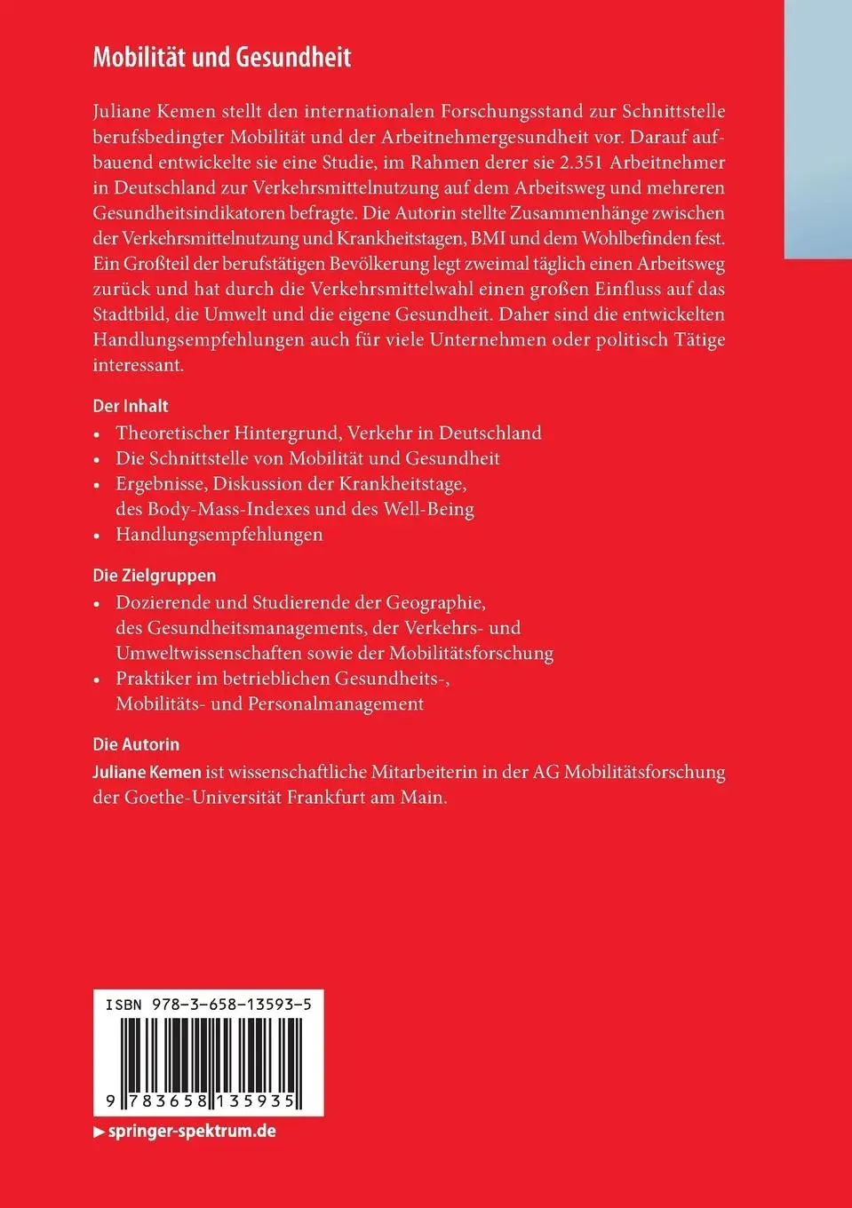 Rückseite: 9783658135935 | Mobilität und Gesundheit | Juliane Kemen | Taschenbuch | xix | Deutsch