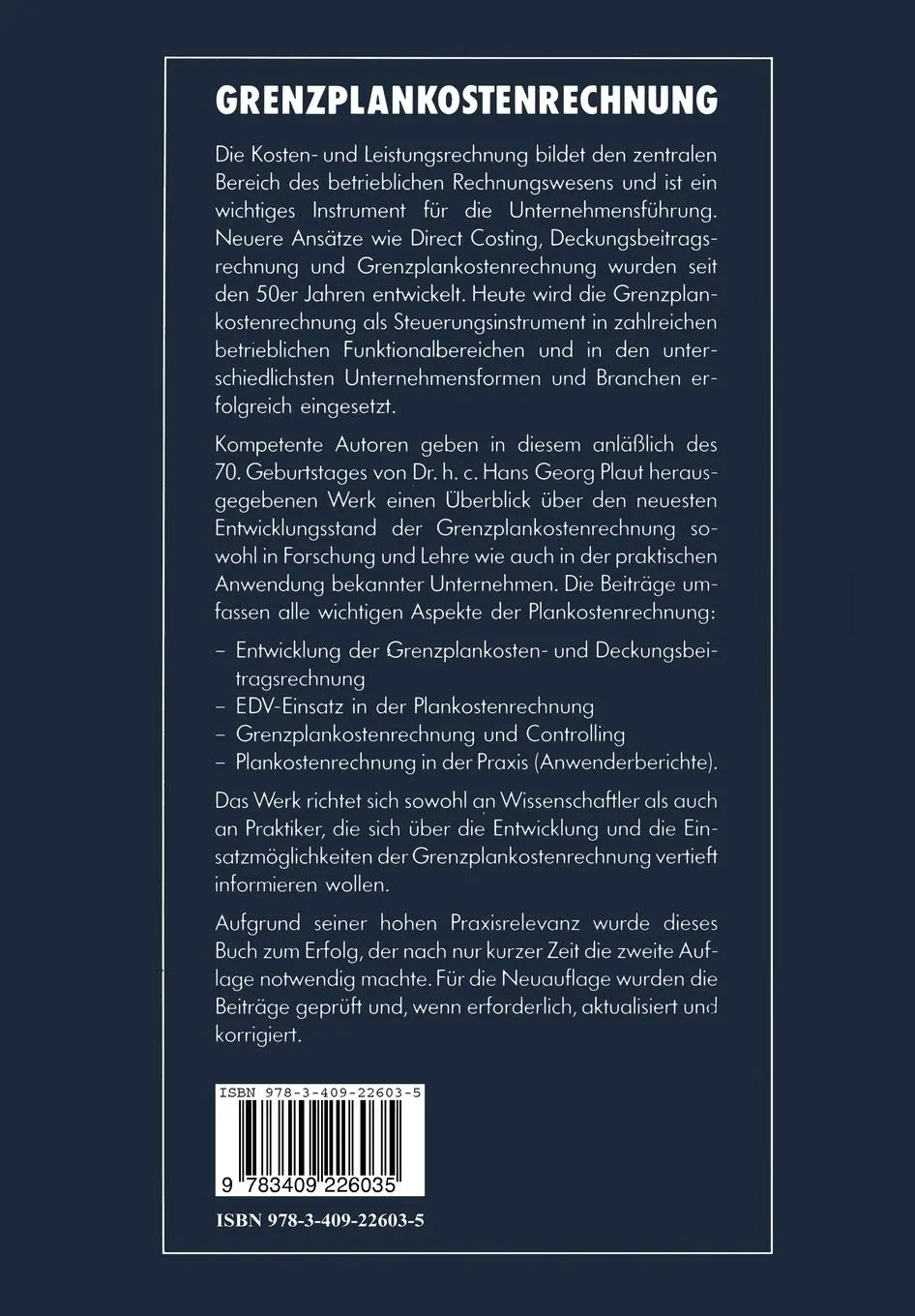 Rückseite: 9783409226035 | Grenzplankostenrechnung | Hans Georg Plaut (u. a.) | Taschenbuch