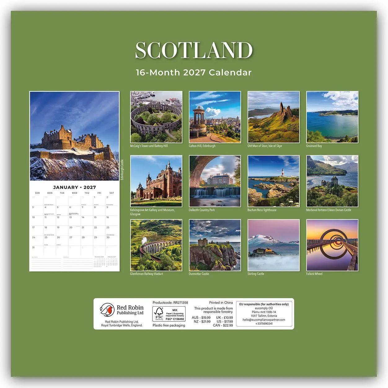 Rückseite: 9781837016235 | Scotland - Schottland 2027 - 16-Monatskalender | Robin Red | Kalender