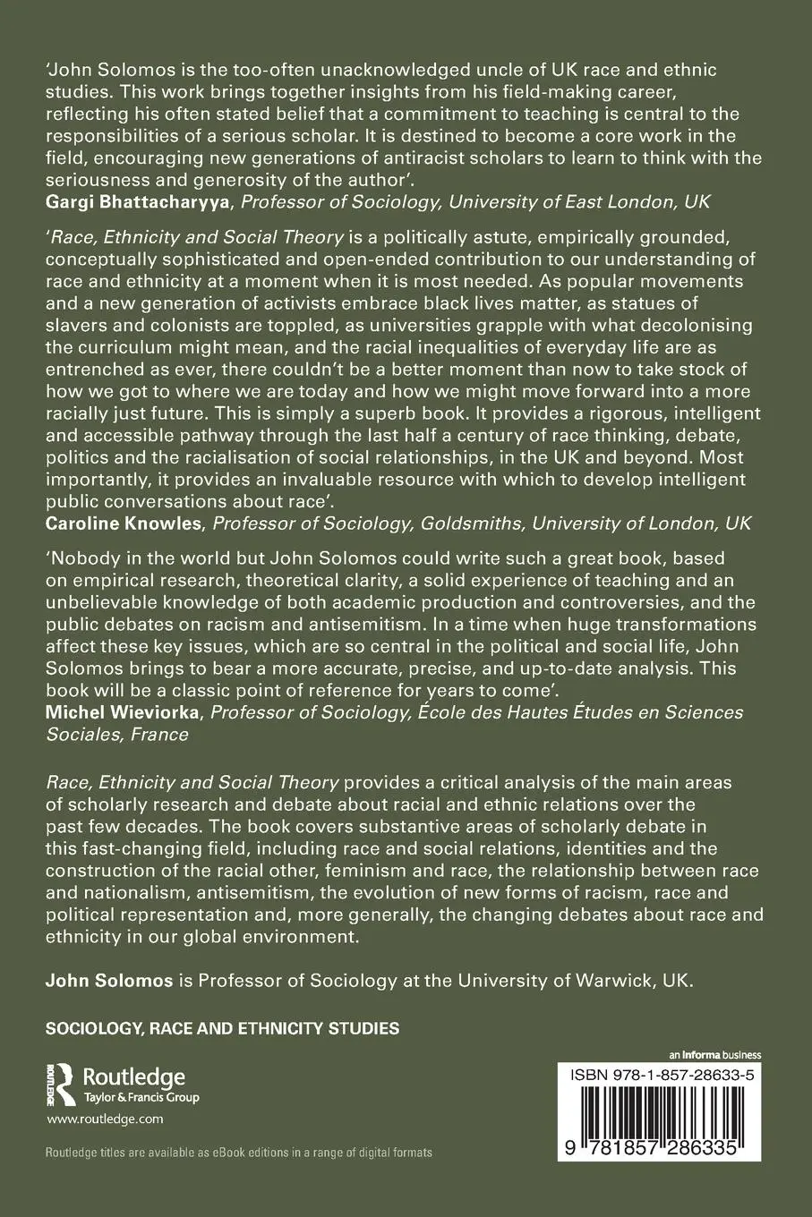 Rückseite: 9781857286335 | Race, Ethnicity and Social Theory | John Solomos | Taschenbuch | 2022