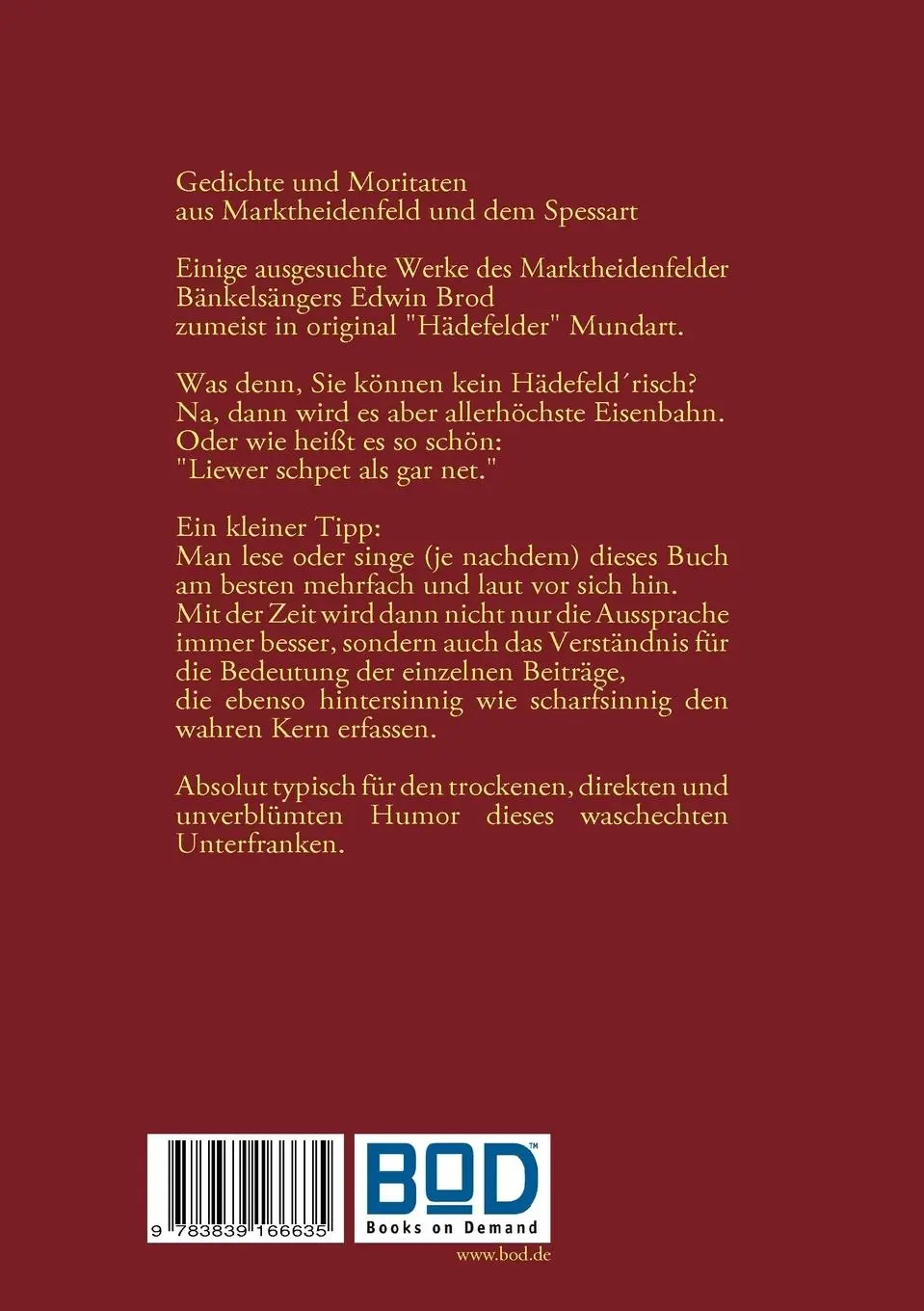 Rückseite: 9783839166635 | Gedichte und Moritaten | aus Hädefeld | Edwin Brod | Taschenbuch